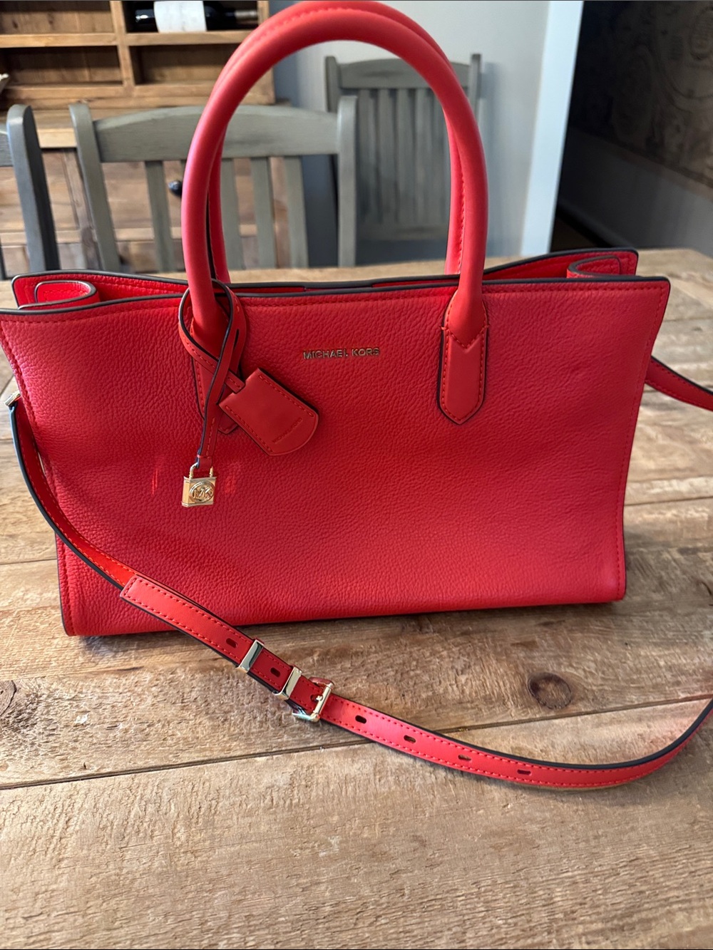 Michael Kors Red/Coral Leather Satchel with Detachable Strap
